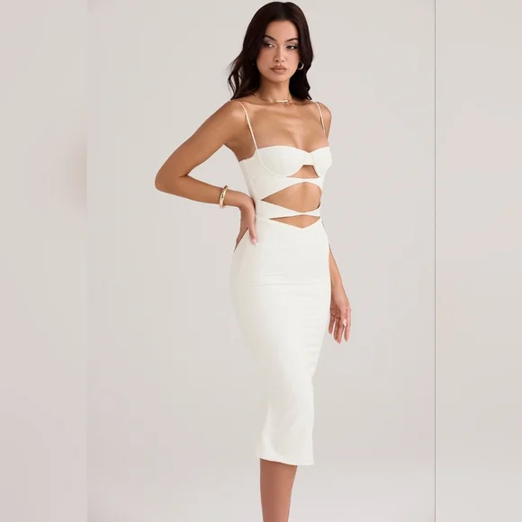NWT House Of CB Amalia ivory satin cutout corset Midi dress L Plus Cup